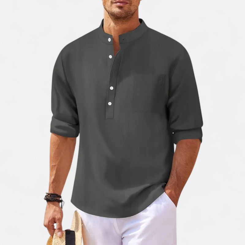 Ariste | Chemise en coton-lin col mao – Homme