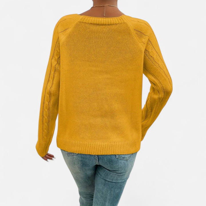 Ariste | Pull Femme en Maille Torsadée – Encolure Carrée Boutonnée & Manches Chauve‑Souris – Coupe Confort