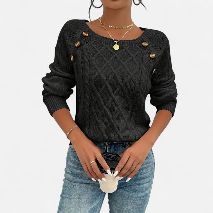 Ariste | Pull Femme en Maille Torsadée – Encolure Carrée Boutonnée & Manches Chauve‑Souris – Coupe Confort