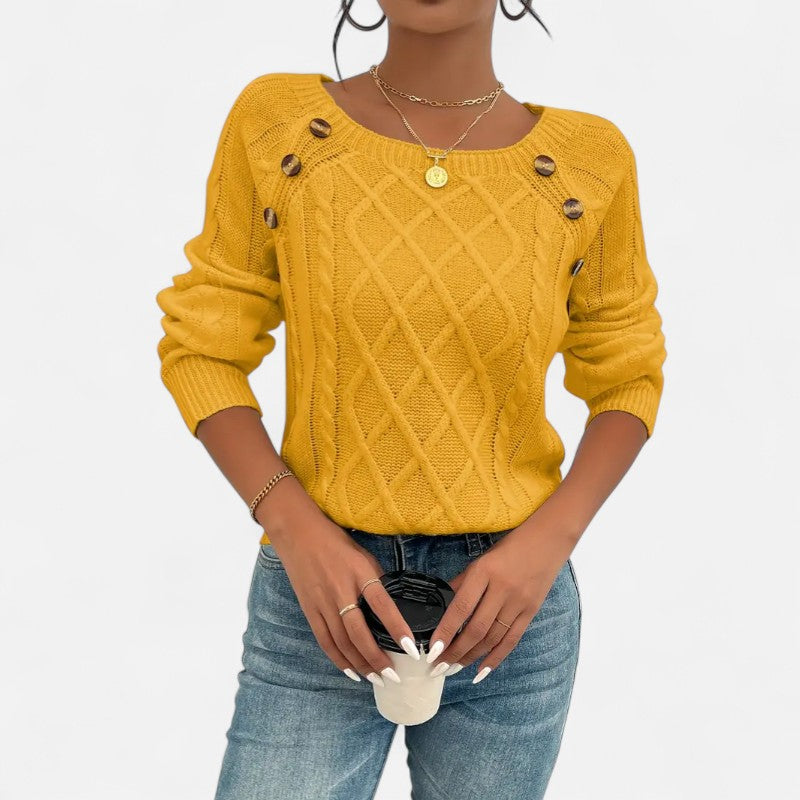 Ariste | Pull Femme en Maille Torsadée – Encolure Carrée Boutonnée & Manches Chauve‑Souris – Coupe Confort