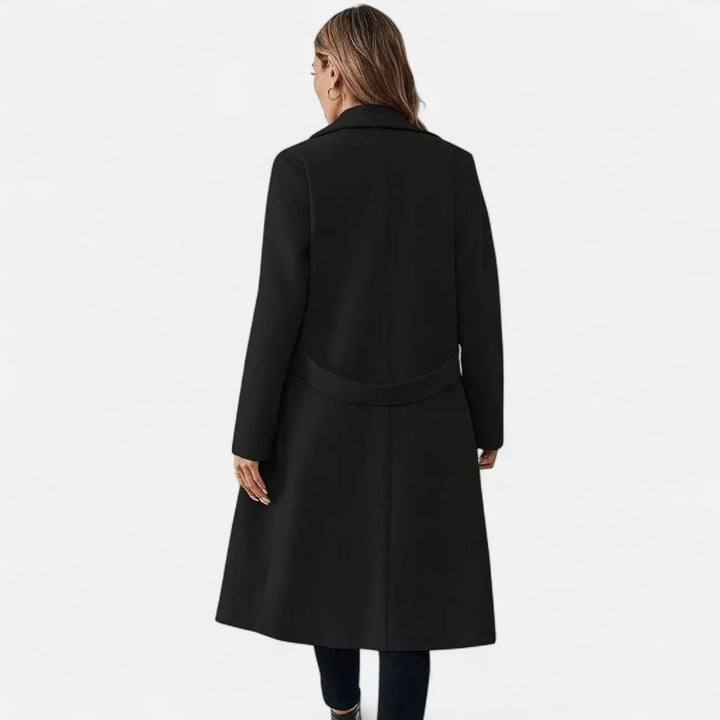 Ariste | Manteau long élégant en tweed noir avec ceinture ajustable pour femme