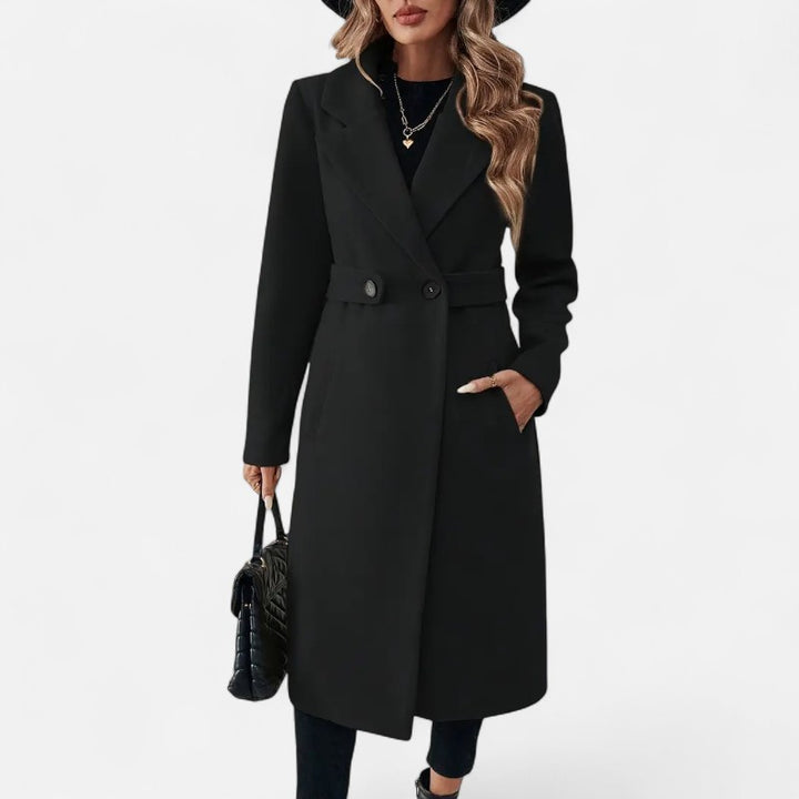 Ariste | Manteau long élégant en tweed noir avec ceinture ajustable pour femme
