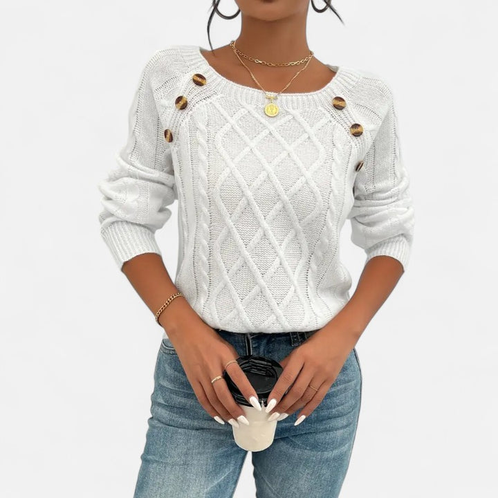 Ariste | Pull Femme en Maille Torsadée – Encolure Carrée Boutonnée & Manches Chauve‑Souris – Coupe Confort