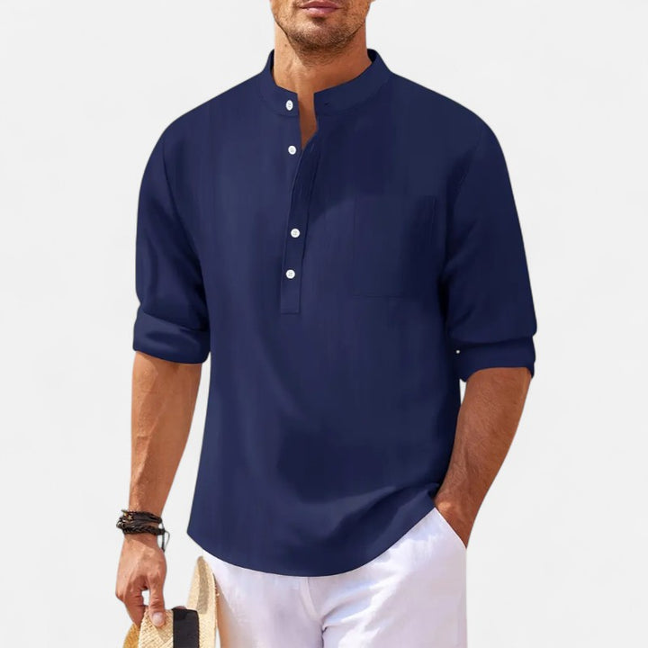 Ariste | Chemise en coton-lin col mao – Homme