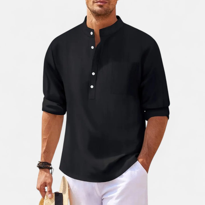 Ariste | Chemise en coton-lin col mao – Homme
