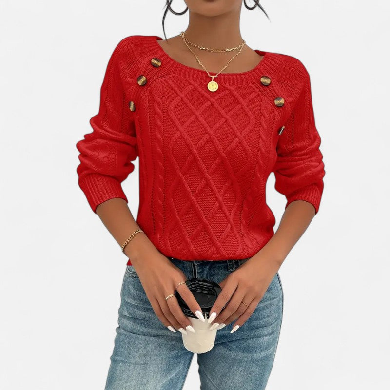 Ariste | Pull Femme en Maille Torsadée – Encolure Carrée Boutonnée & Manches Chauve‑Souris – Coupe Confort