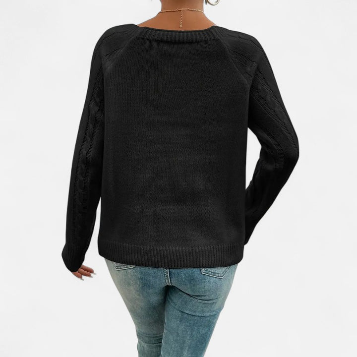Ariste | Pull Femme en Maille Torsadée – Encolure Carrée Boutonnée & Manches Chauve‑Souris – Coupe Confort