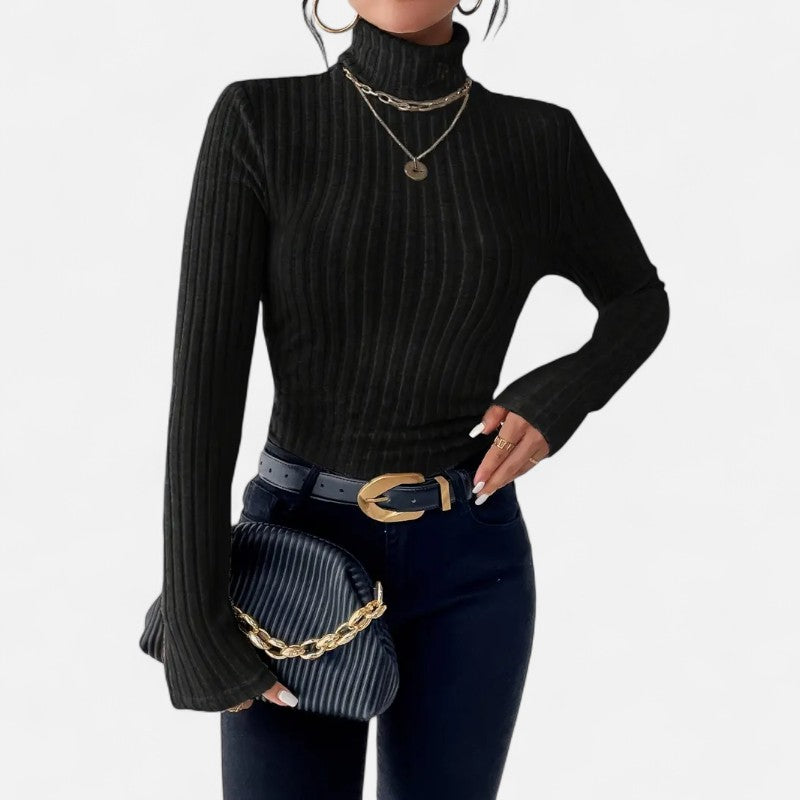 Ariste | Haut Femme Col Montant Côtelé – Manches Longues
