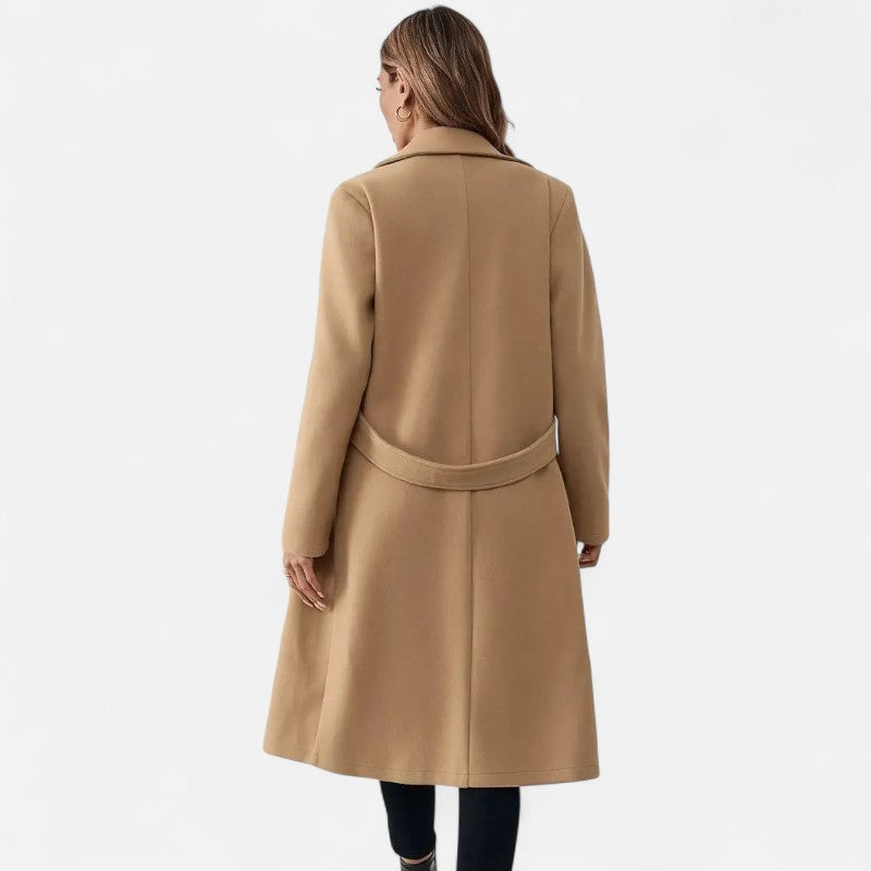 Ariste | Manteau long élégant en tweed noir avec ceinture ajustable pour femme