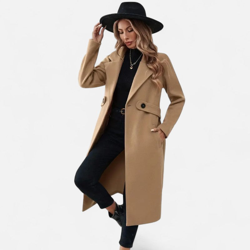 Ariste | Manteau long élégant en tweed noir avec ceinture ajustable pour femme