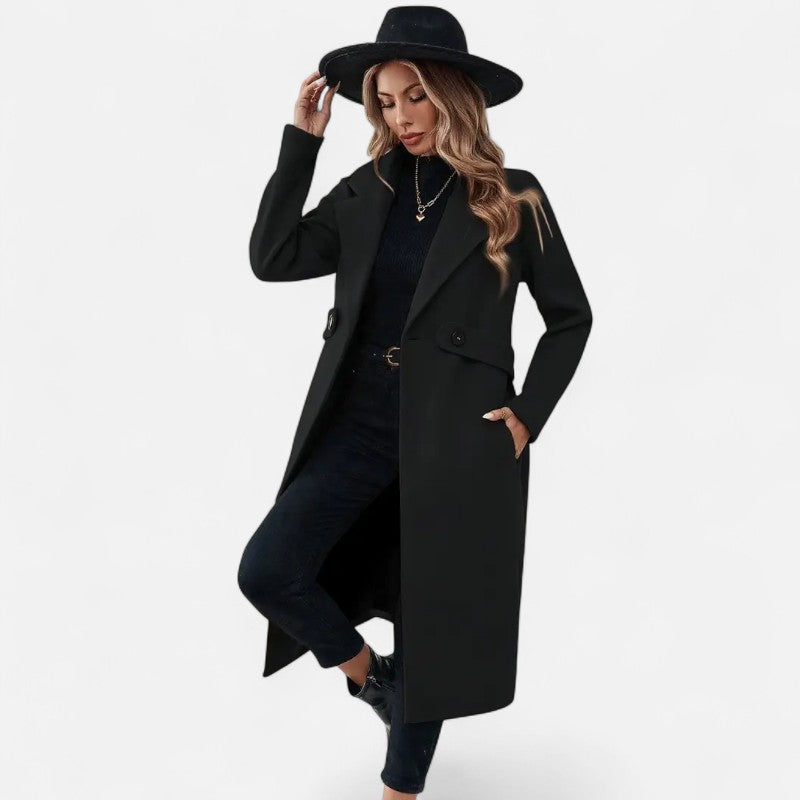 Ariste | Manteau long élégant en tweed noir avec ceinture ajustable pour femme
