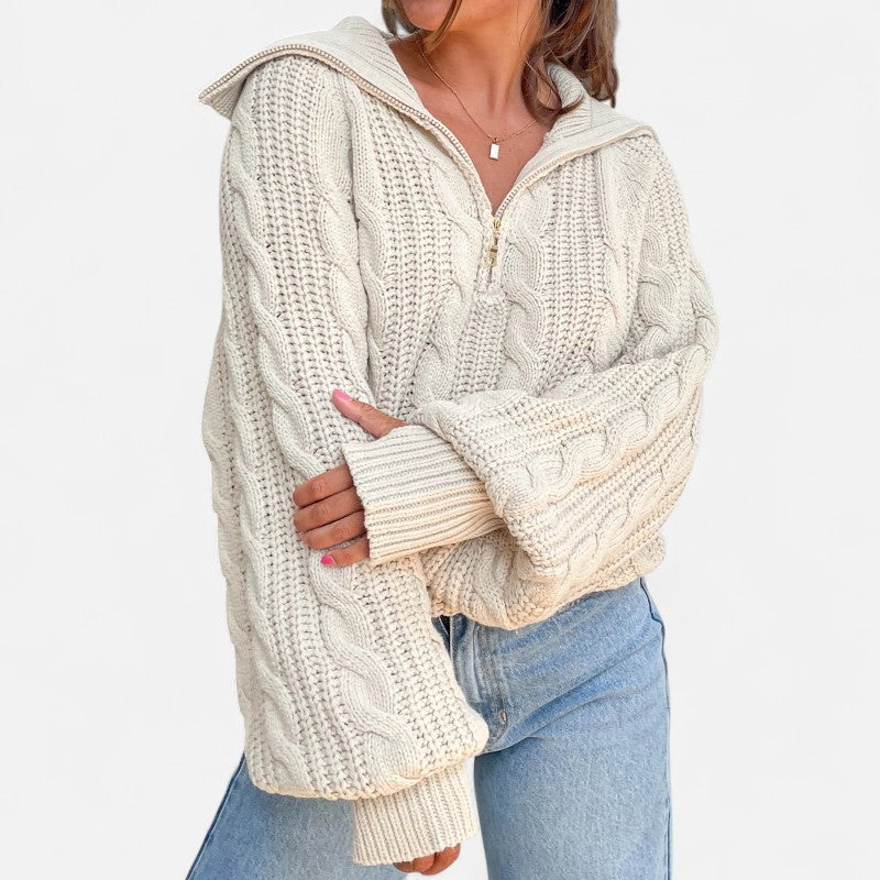 Ariste | Pull Femme à Demi‑Fermeture en Maille Torsadée – Col Revers & Coupe Relax