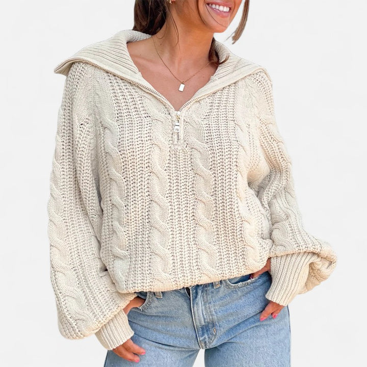 Ariste | Pull Femme à Demi‑Fermeture en Maille Torsadée – Col Revers & Coupe Relax