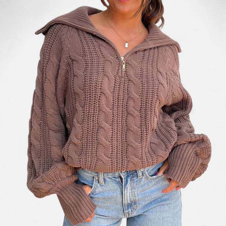 Ariste | Pull Femme à Demi‑Fermeture en Maille Torsadée – Col Revers & Coupe Relax