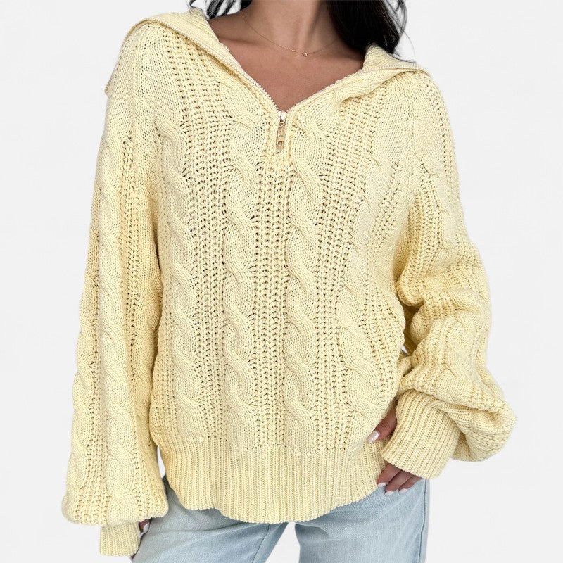 Ariste | Pull Femme à Demi‑Fermeture en Maille Torsadée – Col Revers & Coupe Relax