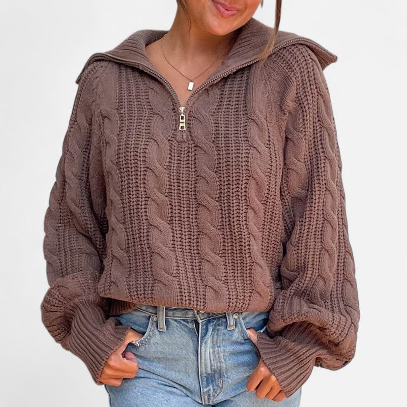 Ariste | Pull Femme à Demi‑Fermeture en Maille Torsadée – Col Revers & Coupe Relax