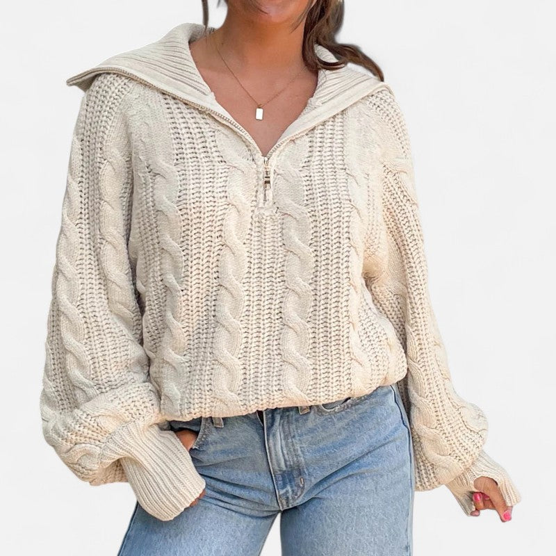Ariste | Pull Femme à Demi‑Fermeture en Maille Torsadée – Col Revers & Coupe Relax