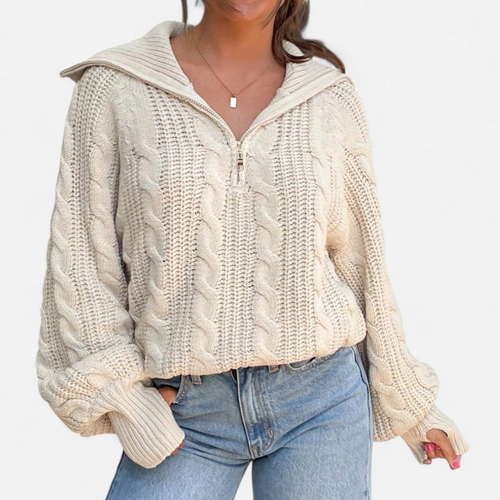 Ariste | Pull Femme à Demi‑Fermeture en Maille Torsadée – Col Revers & Coupe Relax