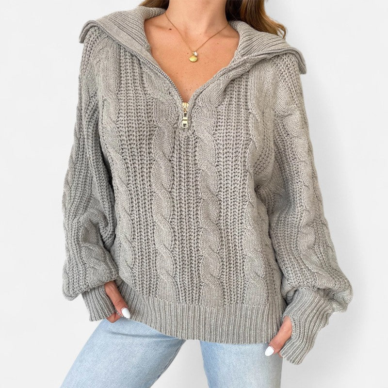 Ariste | Pull Femme à Demi‑Fermeture en Maille Torsadée – Col Revers & Coupe Relax