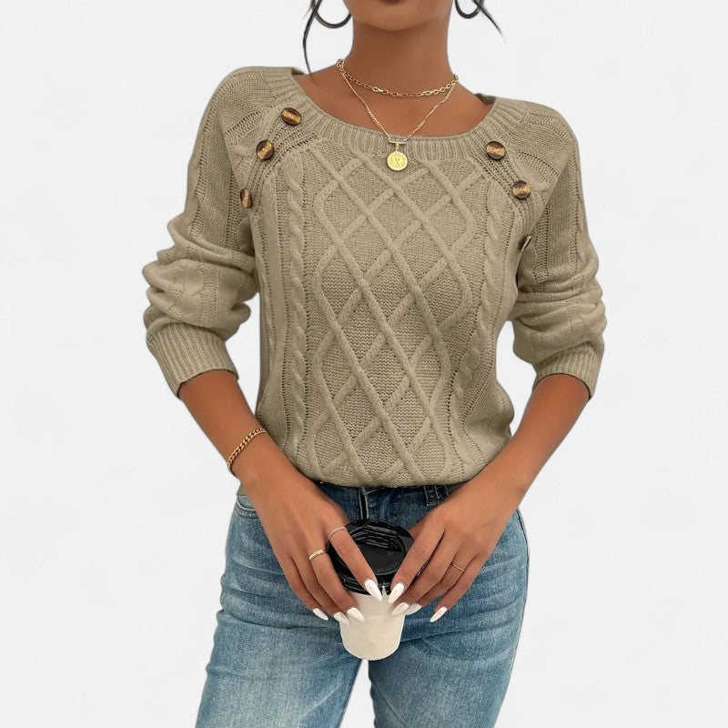 Ariste | Pull Femme en Maille Torsadée – Encolure Carrée Boutonnée & Manches Chauve‑Souris – Coupe Confort