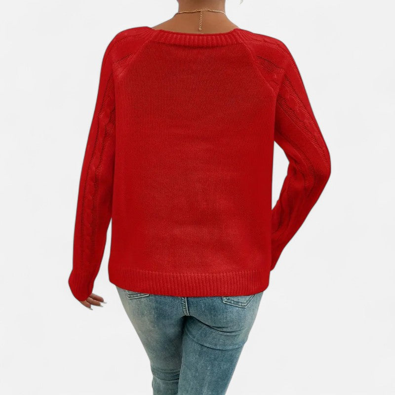 Ariste | Pull Femme en Maille Torsadée – Encolure Carrée Boutonnée & Manches Chauve‑Souris – Coupe Confort