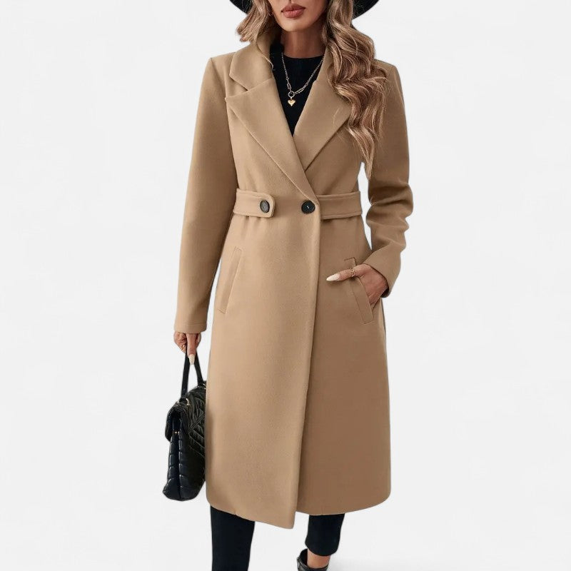 Ariste | Manteau long élégant en tweed noir avec ceinture ajustable pour femme