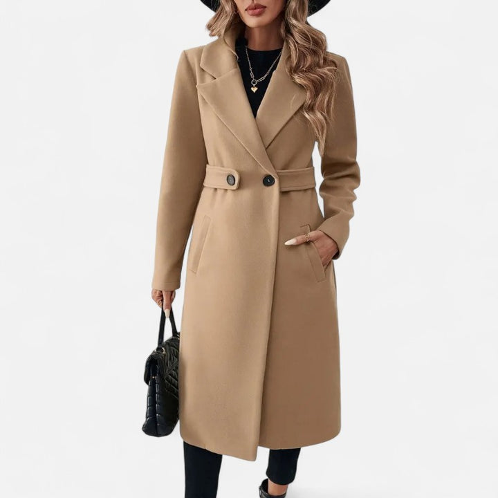Ariste | Manteau long élégant en tweed noir avec ceinture ajustable pour femme