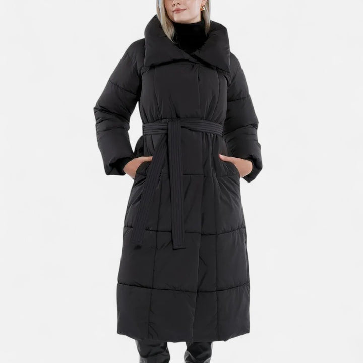 Ariste | Doudoune longue ceinturée avec col large pour femme