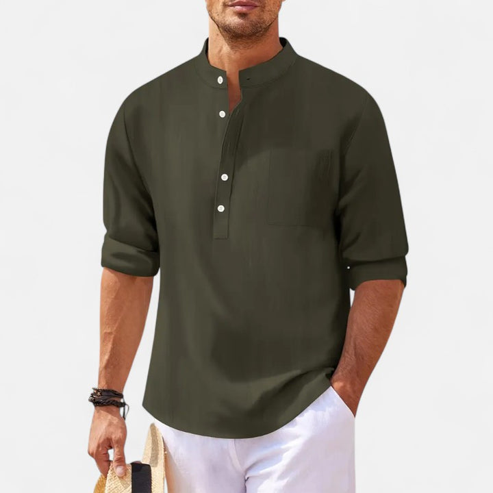 Ariste | Chemise en coton-lin col mao – Homme
